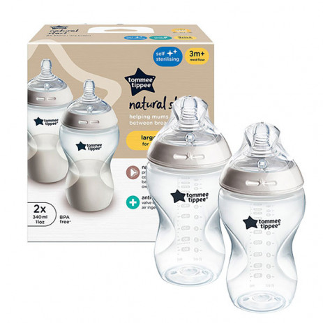 Tommee Tippee Шише за хранене 340 мл 2 броя Natural Start САМОСТЕРИЛИЗИРАЩИ (3м+ 2 капки) TT.0037 от Пакостник