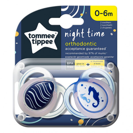 Tommee Tippee Orthodontic pacifiers NIGHT 0-6m 2 pcs Seahorse TT.0085 from Pakostnik